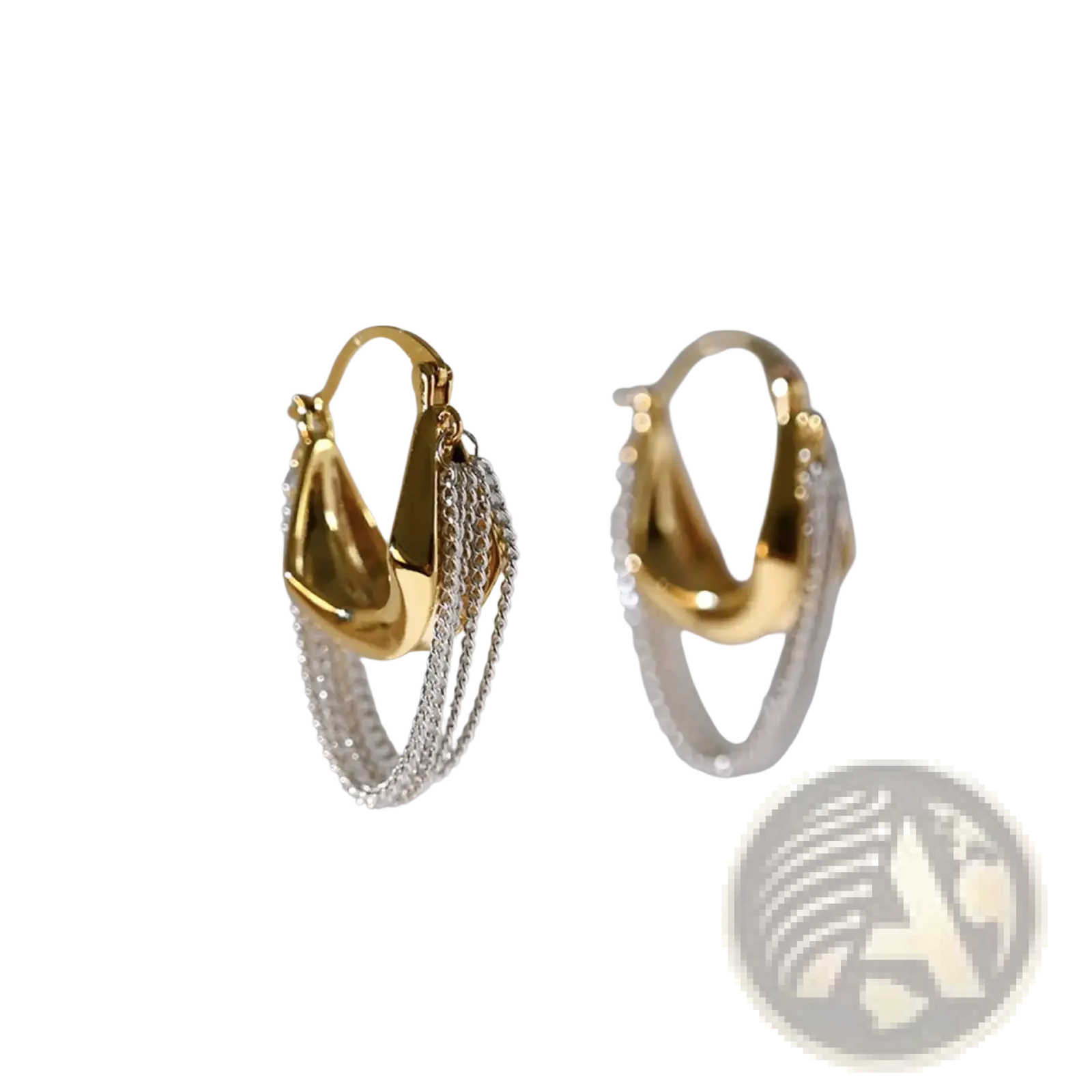 Gold and silver two tone hoop chain tassel drop earrings featuring elegant dangling chain details