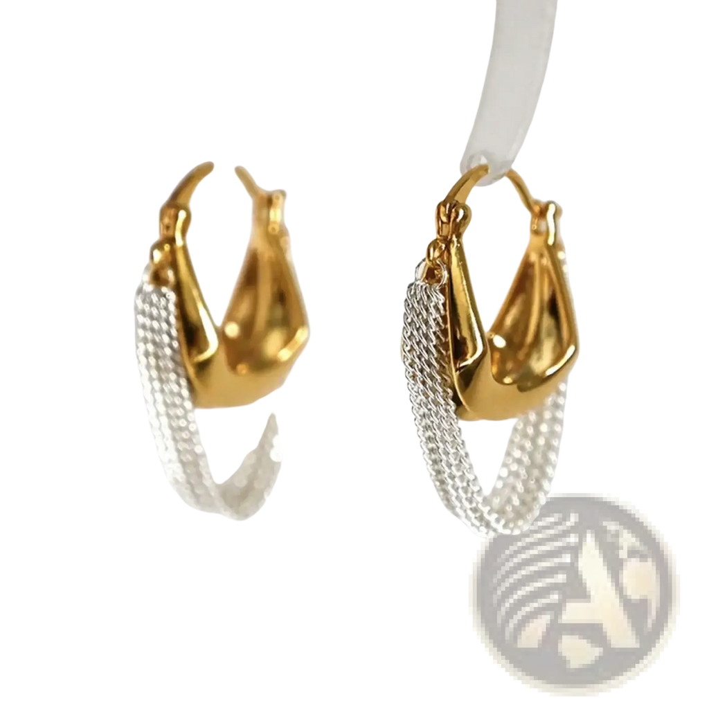 Gold hoop chain tassel drop earrings with teardrop shape and silver dangling chain fringe in two tone design
