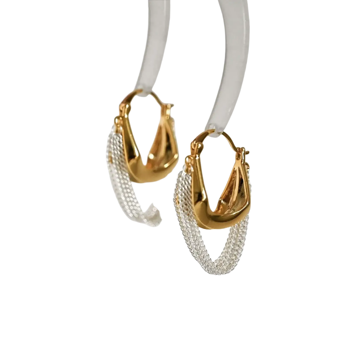 Gold-toned hoop chain tassel drop earrings featuring cascading silver mesh chains in a modern two-tone design