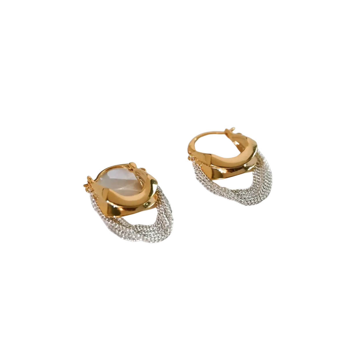 Gold-toned geometric hoop earrings with silver chain tassel fringe in a two tone chain tassel drop design