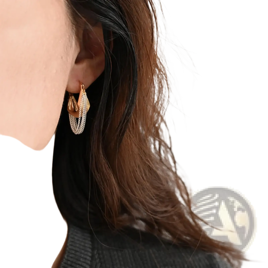 Gold-toned chain tassel drop earrings featuring layered hoops with teardrop pendant and delicate chain details