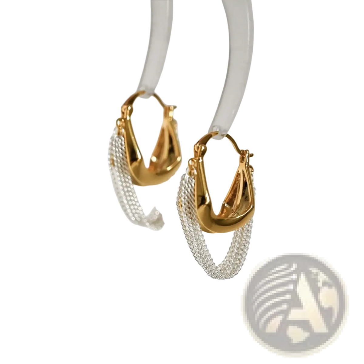 Gold-toned hoop chain tassel drop earrings featuring cascading silver mesh chains in a modern two-tone design