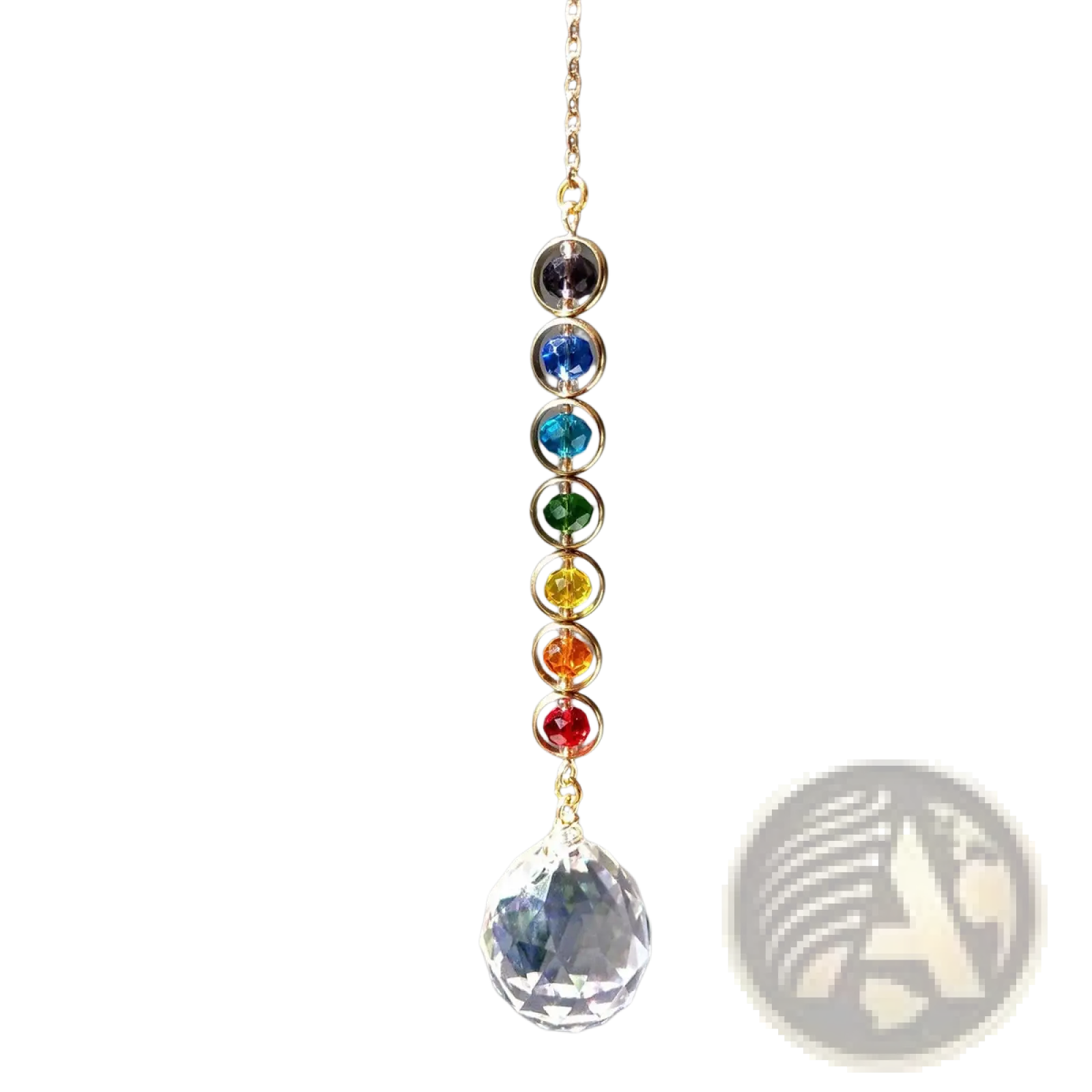 A gold-toned chakra rainbow crystal sun catcher with seven colorful faceted gemstones and a clear prism pendulum
