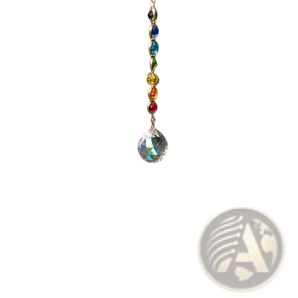 Chakra rainbow crystal sun catcher with faceted clear prism, gold-toned chain, and colorful rainbow beads