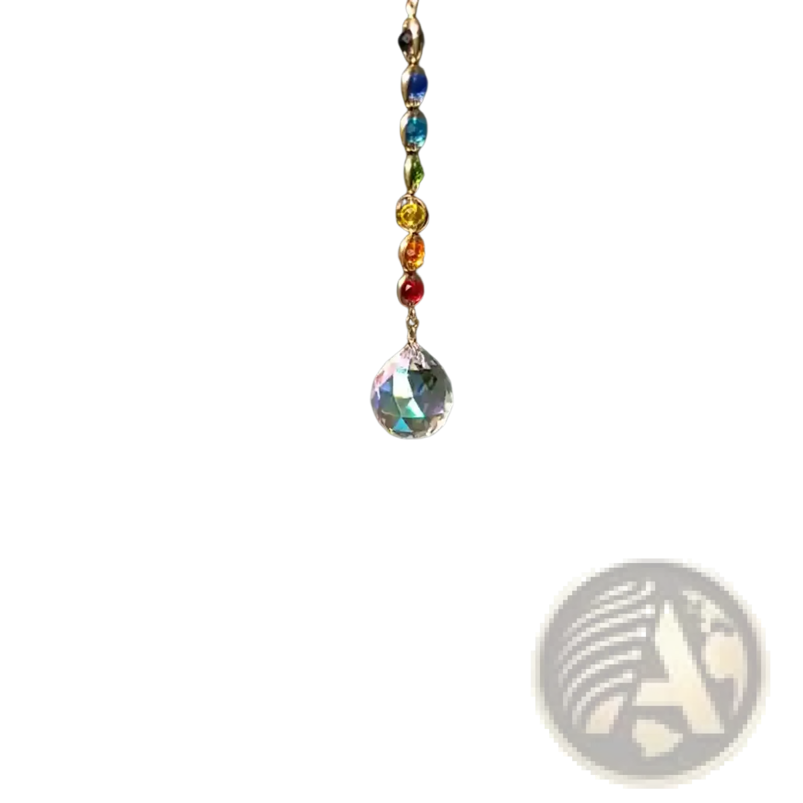 Chakra rainbow crystal sun catcher with faceted clear prism, gold-toned chain, and colorful rainbow beads