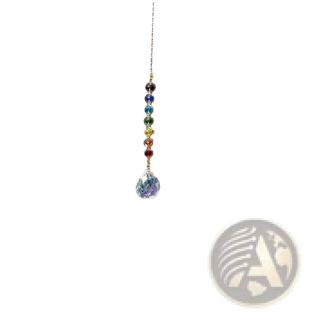 Chakra rainbow crystal sun catcher with gold chain, seven colorful chakra gemstones, and faceted clear prism