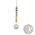 Chakra rainbow crystal sun catcher features a gold-toned chain with seven colorful faceted beads above a clear prism