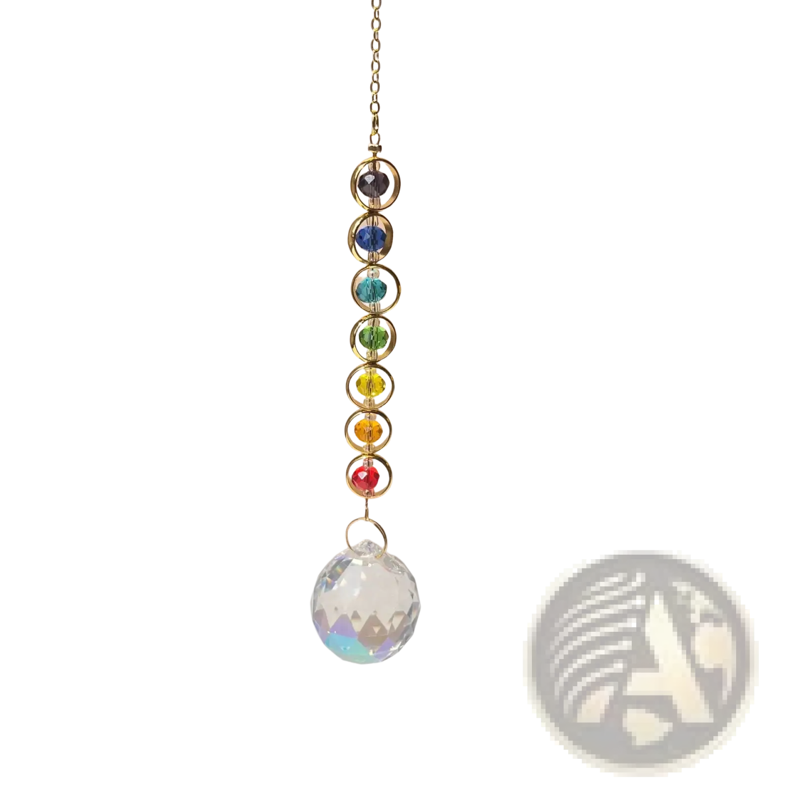 Chakra rainbow crystal sun catcher features a gold-toned chain with seven colorful faceted beads above a clear prism