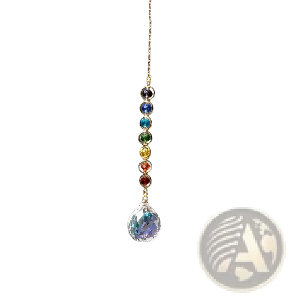 Chakra rainbow crystal sun catcher with seven rainbow-colored gemstones and a faceted prism hanging from gold chain