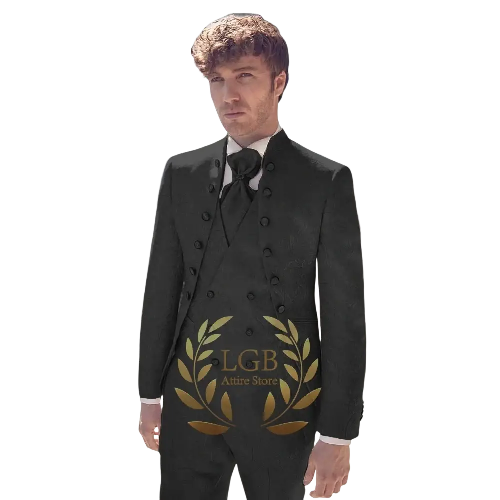 Black champagne double breasted tuxedo suit with gold laurel wreath embroidery and matching black bow tie