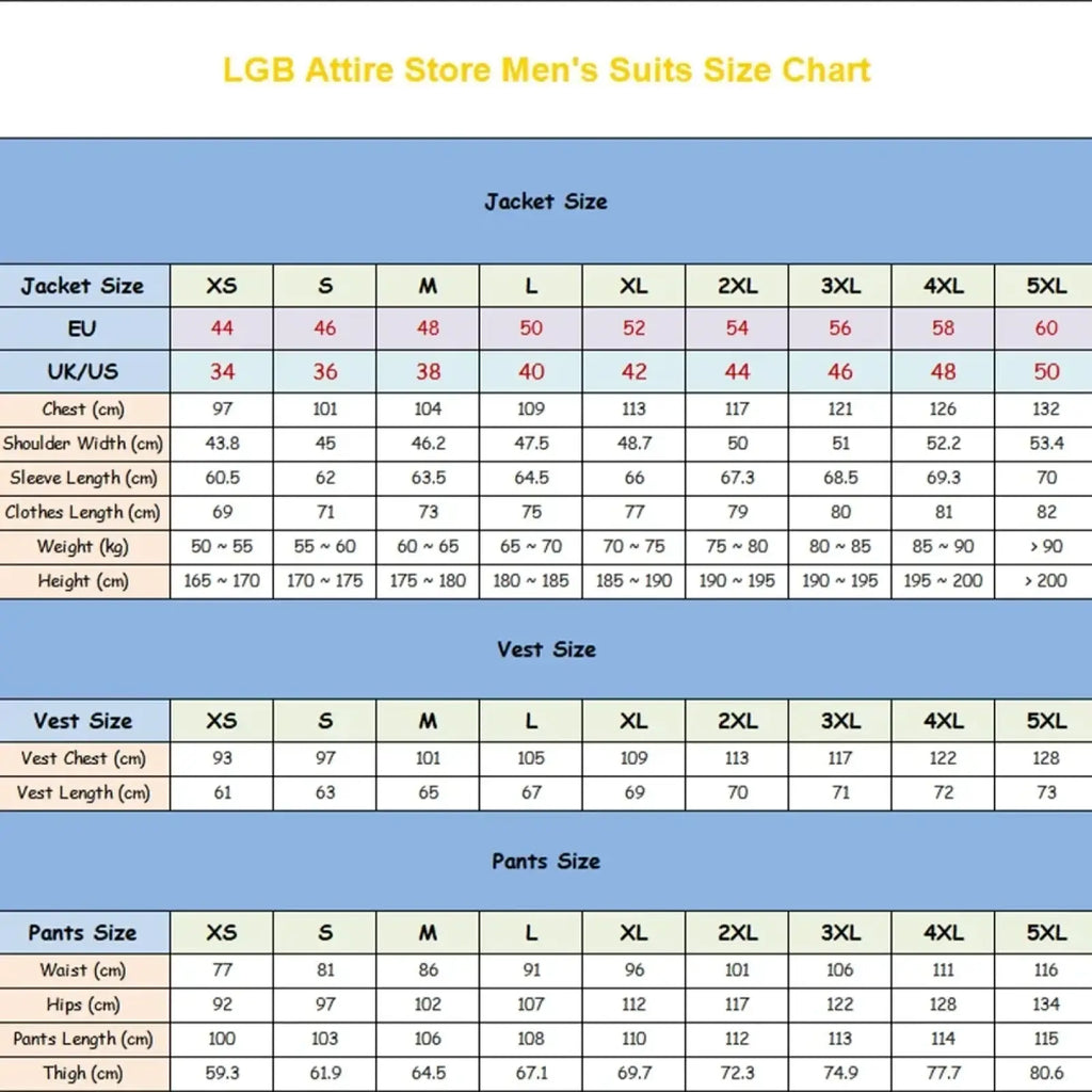 Lgb attire store men’s Champagne double breasted tuxedo suit size chart with international jacket vest and pants measurements