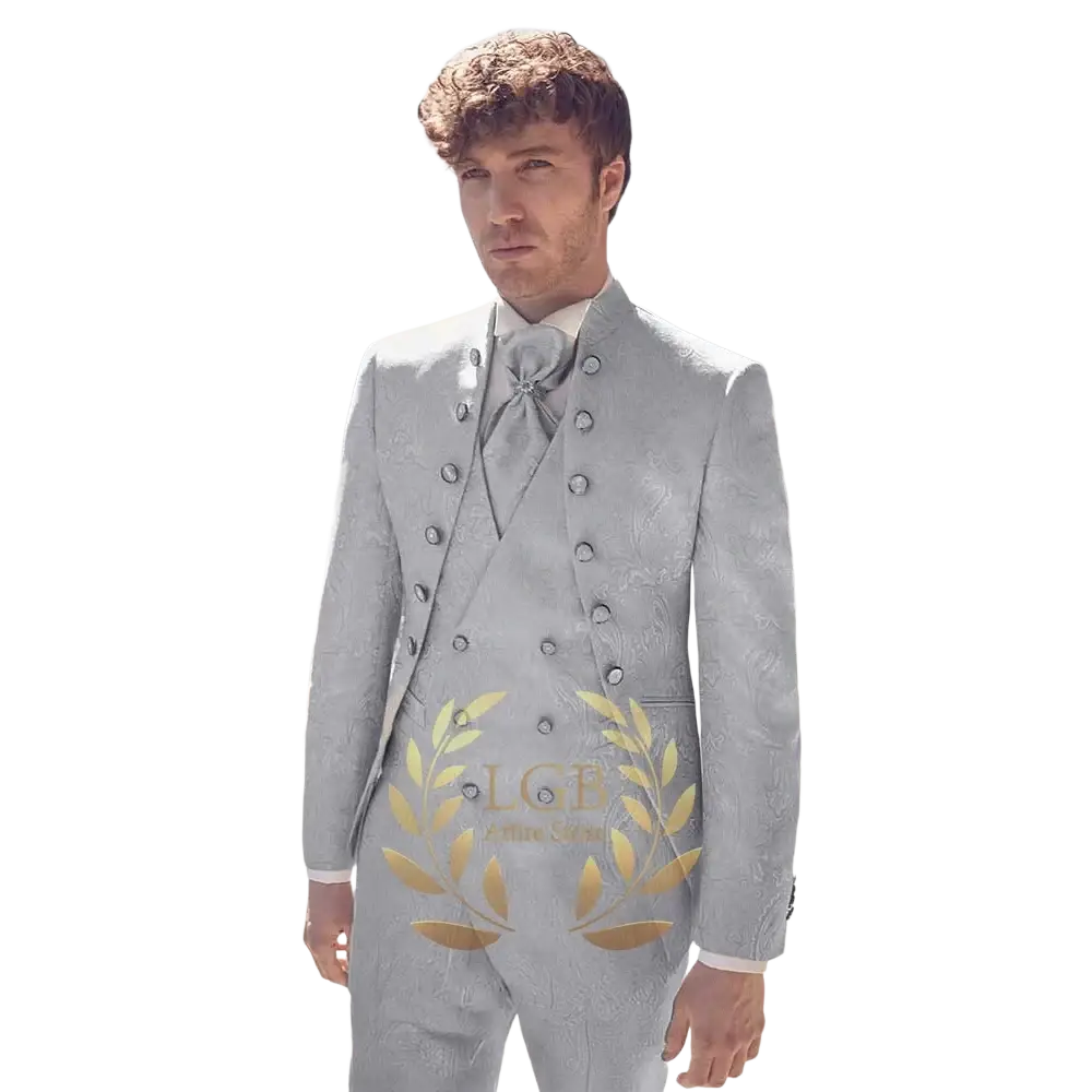 Light gray champagne double breasted tuxedo suit with subtle gold leaf pattern silver toned buttons and matching vest