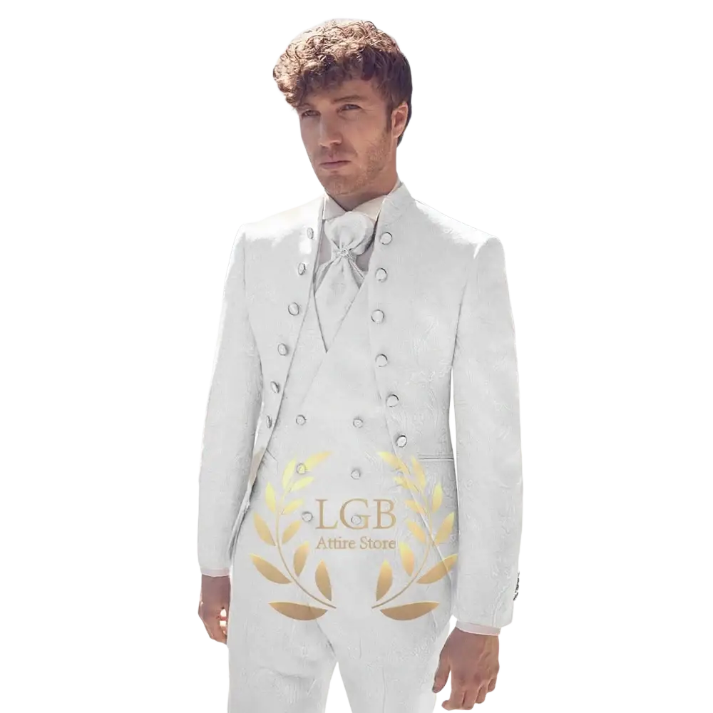 White textured tuxedo suit with silver buttons and gold laurel wreath embroidery in champagne double breasted design