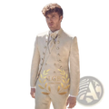A cream-colored champagne double breasted tuxedo suit featuring gold toned buttons and an intricate woven pattern
