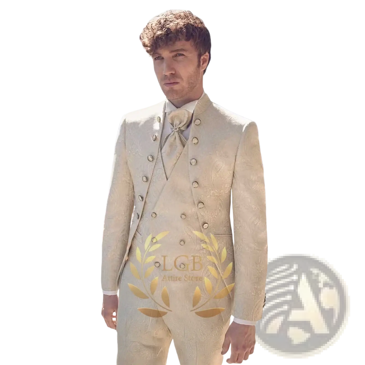 A cream-colored champagne double breasted tuxedo suit featuring gold toned buttons and an intricate woven pattern