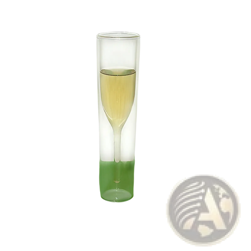 A clear double-walled glass champagne flute filled with golden liquid designed for 115ml capacity