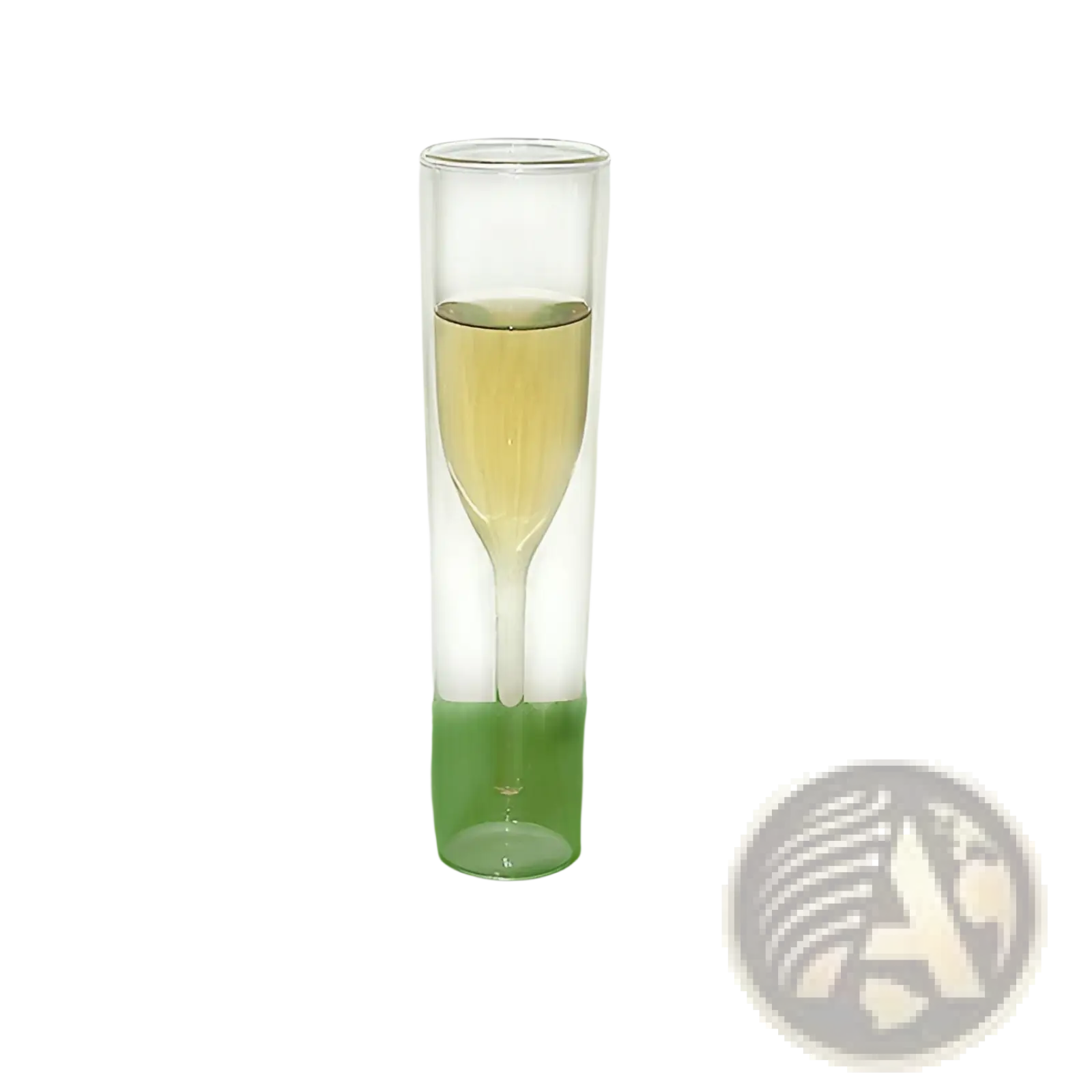 A clear double-walled glass champagne flute filled with golden liquid designed for 115ml capacity