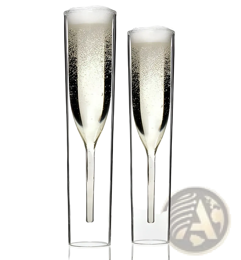 Two clear double walled champagne flutes made of glass filled with sparkling liquid 115ml set