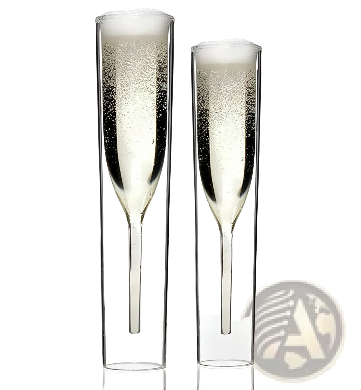 Two clear double walled champagne flutes made of glass filled with sparkling liquid 115ml set