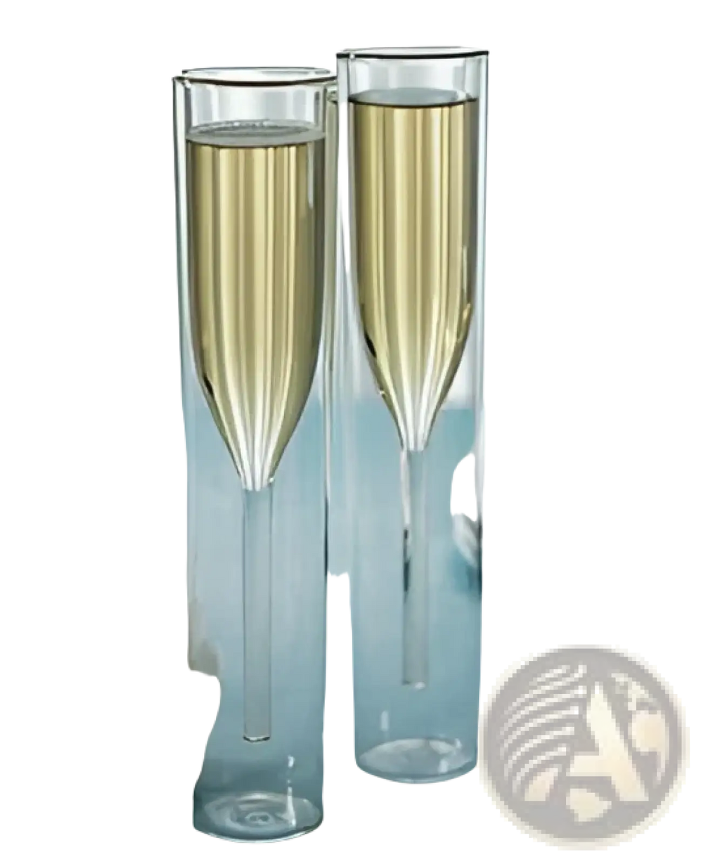 Two elegant clear double walled glass champagne flutes filled with golden liquid 115ml set