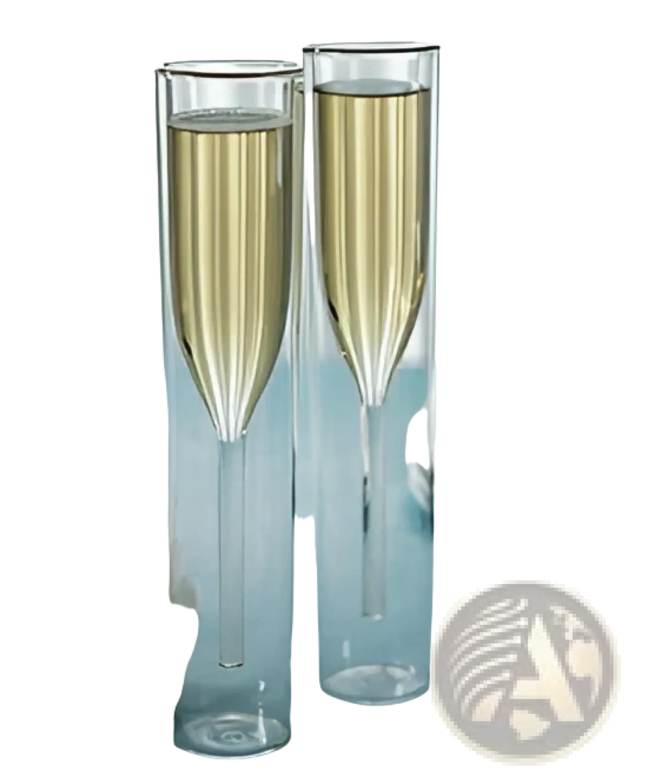 Two elegant clear double walled glass champagne flutes filled with golden liquid 115ml set