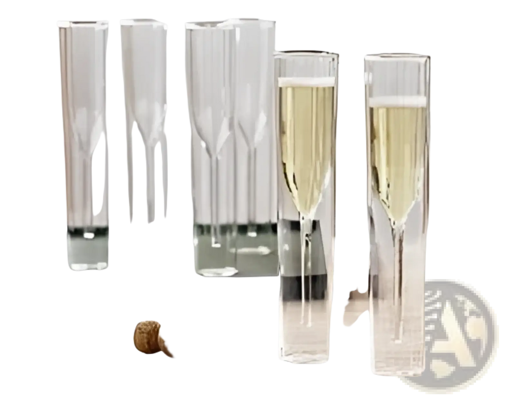 Two clear double-walled champagne flutes filled with golden bubbly liquid beside corked wine bottles on wood surface