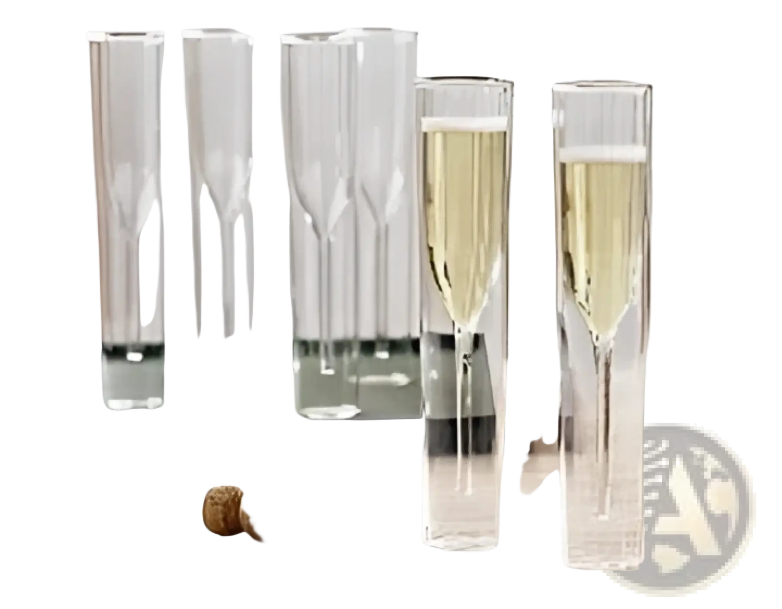 Two clear double-walled champagne flutes filled with golden bubbly liquid beside corked wine bottles on wood surface