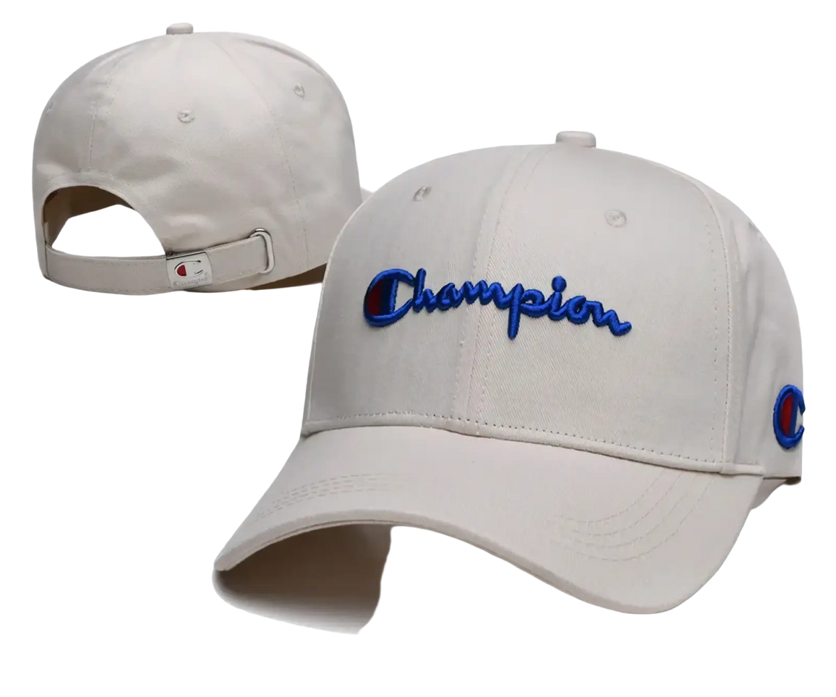 Beige Champion baseball cap with blue embroidered logo and side emblem ideal for unisex summer sun protection