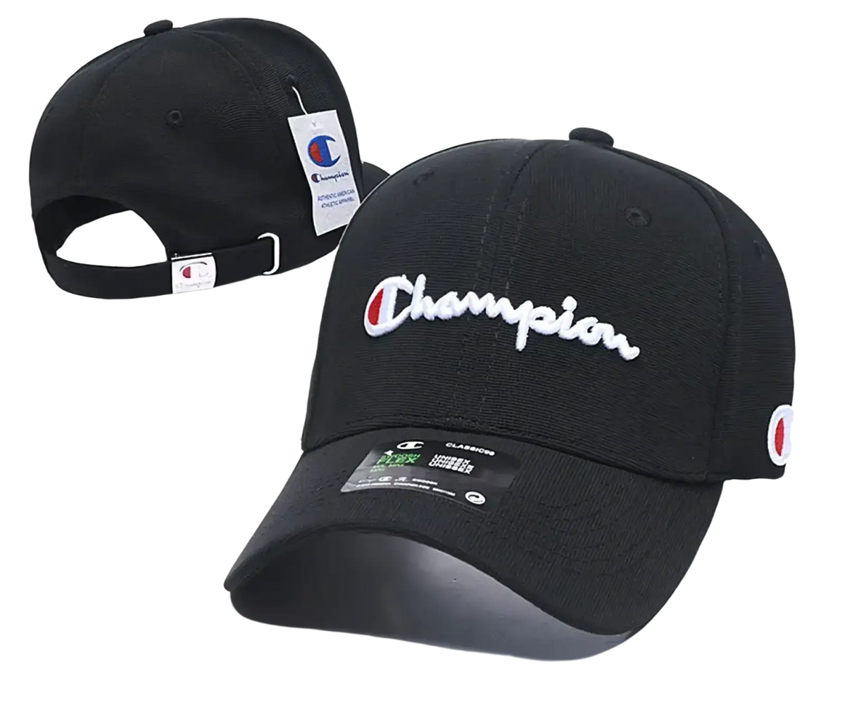 Black champion baseball cap with white embroidered logo and red accent, structured crown, curved brim for summer sun