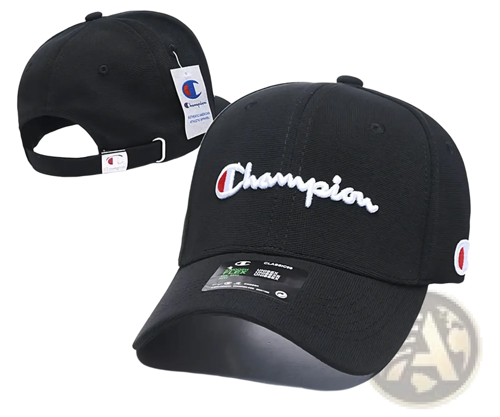 Black champion baseball cap with white embroidered logo and red circular emblem, ideal for summer sun protection unisex