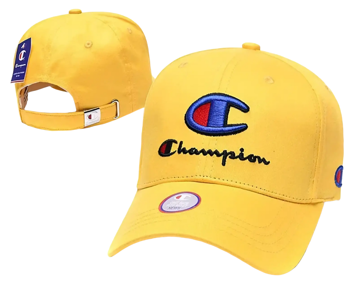 Bright yellow champion baseball cap with bold blue and red embroidered logo for summer sun unisex use