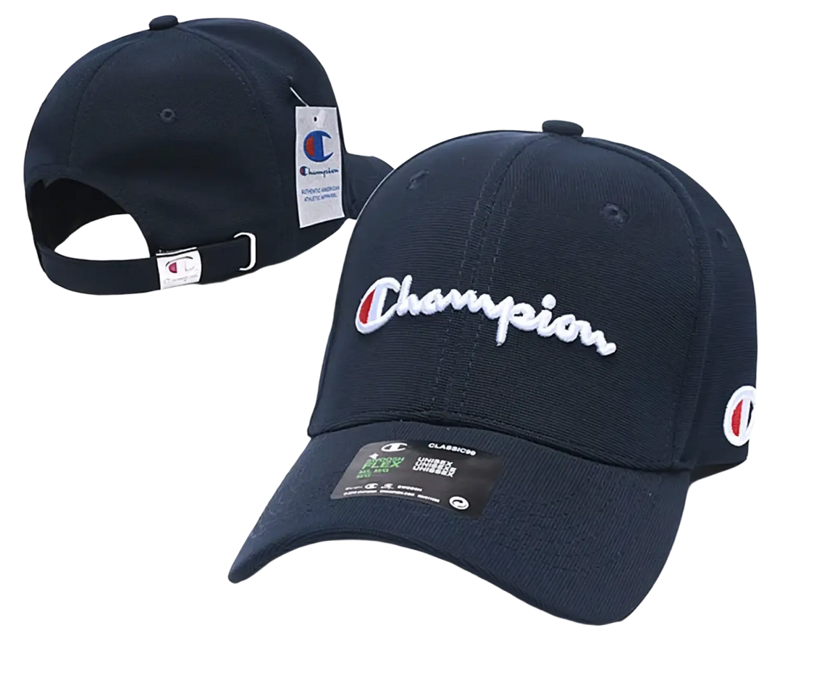 Navy blue Champion baseball cap with white embroidered logo and red circular emblem, perfect for summer sun protection