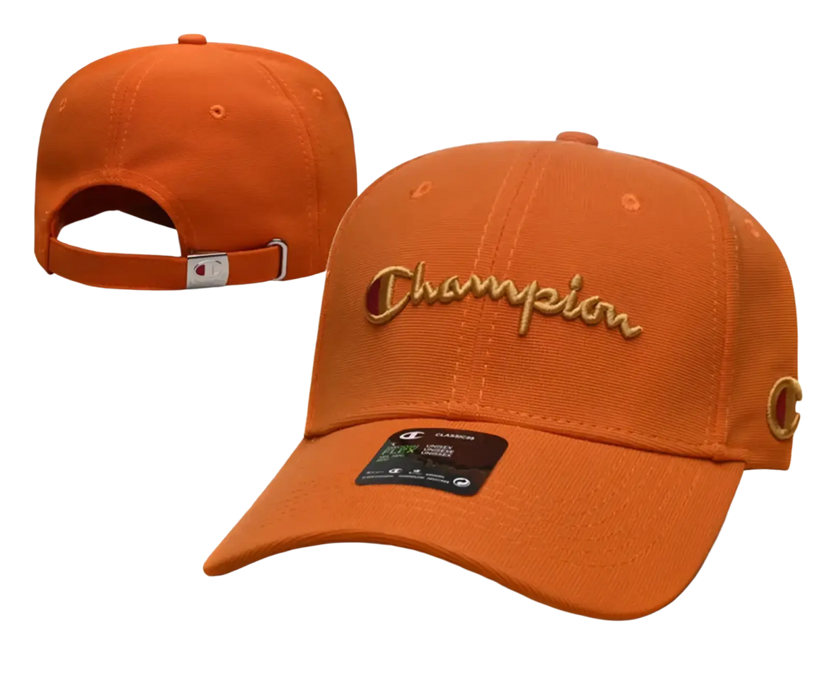 Orange Champion baseball cap featuring gold embroidered logo and matching gold button, ideal for summer sun protection