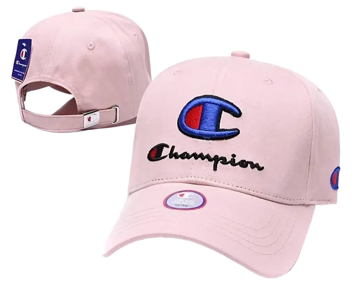 Pink champion baseball cap with embroidered blue and red logo, black script branding, and adjustable strap for summer sun
