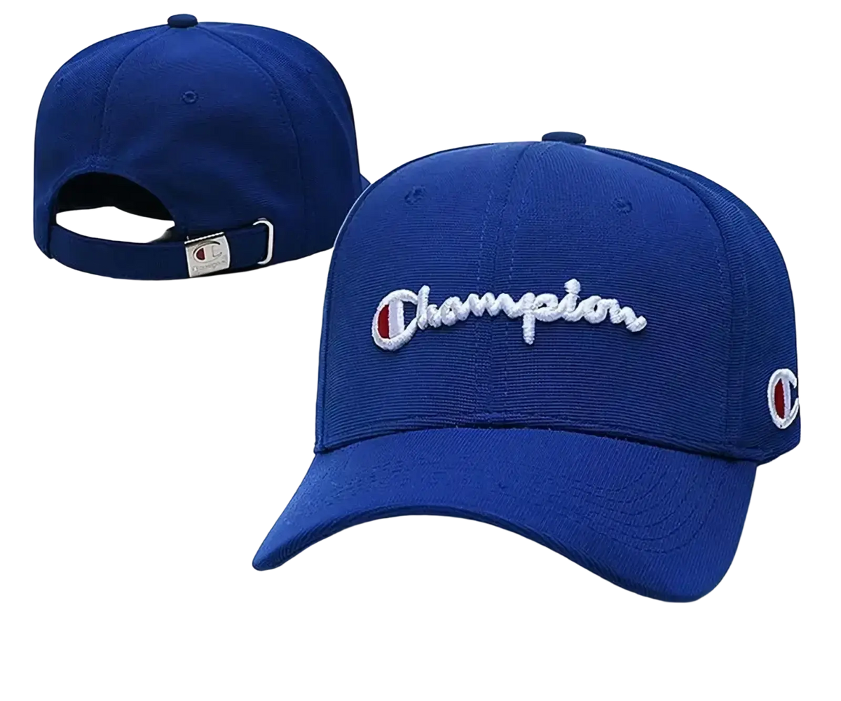 Royal blue champion baseball cap with white embroidered logo and red accent featuring adjustable strap for summer sun use
