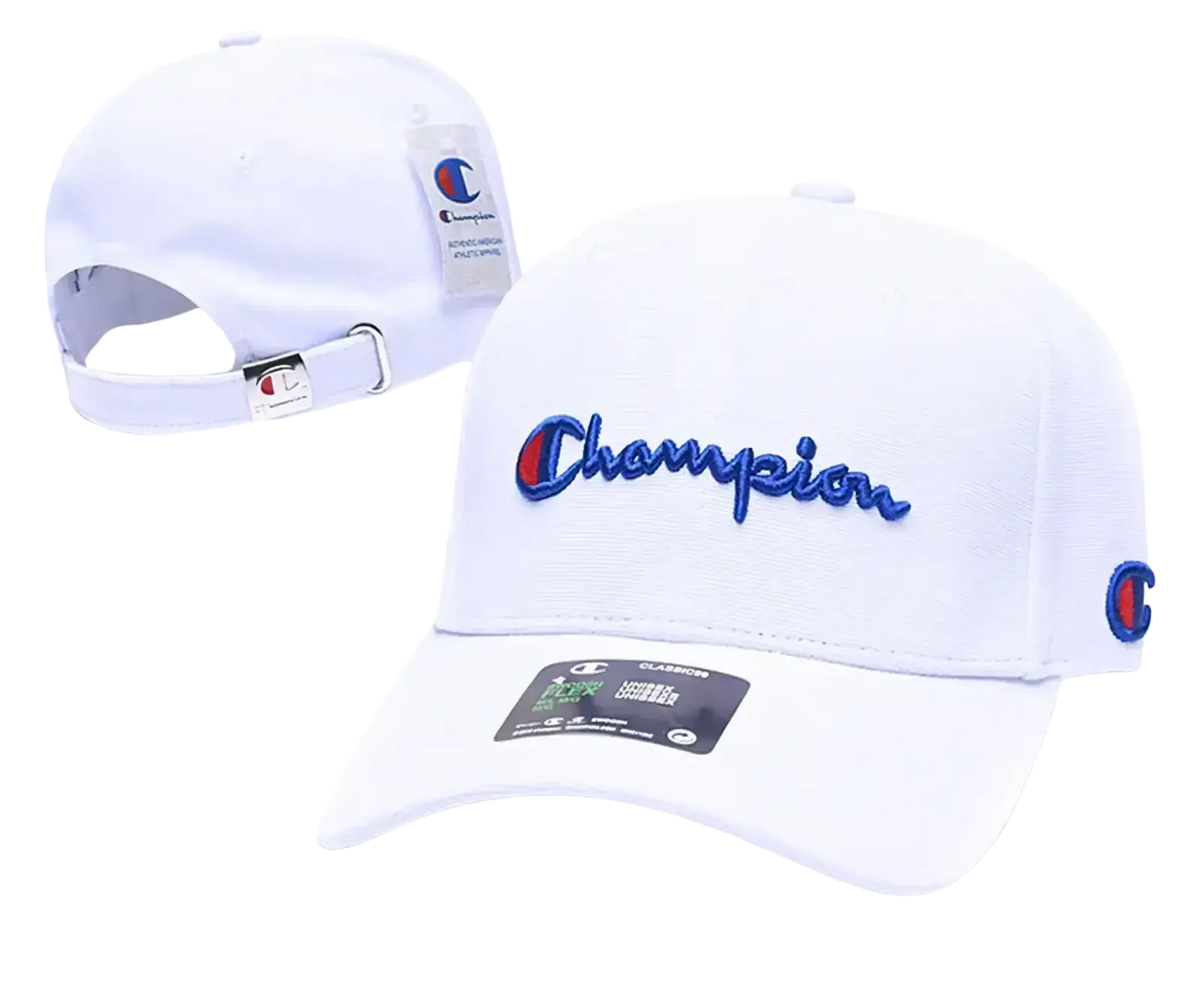 White champion baseball cap with blue embroidered logo and red side emblem perfect for summer sun protection unisex use