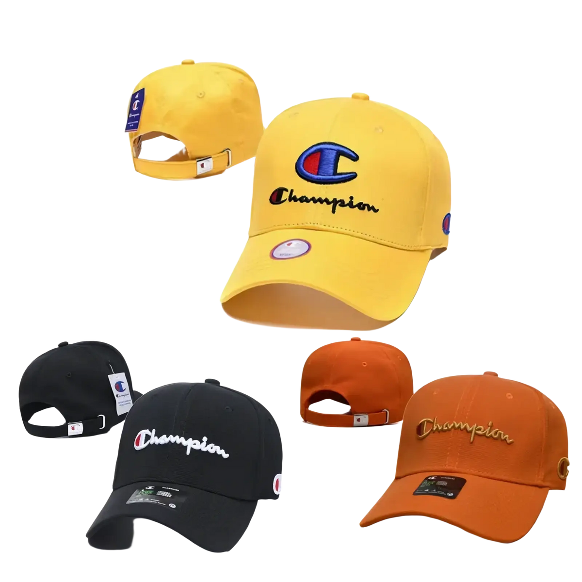 Yellow Champion baseball cap with embroidered logo and brand tag designed as a unisex summer sun hat