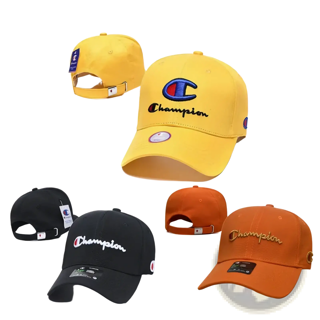 Yellow Champion baseball cap with embroidered logo and brand tag designed as a unisex summer sun hat