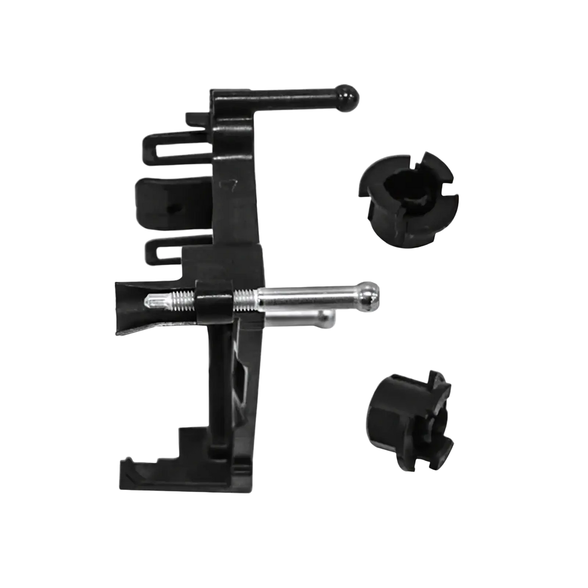 Black plastic Changan Acc cruise control module bracket with silver threaded rod and two black circular adapters