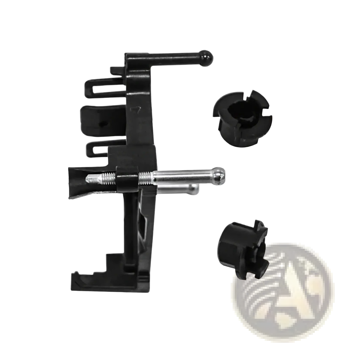 Black plastic Changan Acc cruise control module bracket with silver threaded rod and two black circular adapters