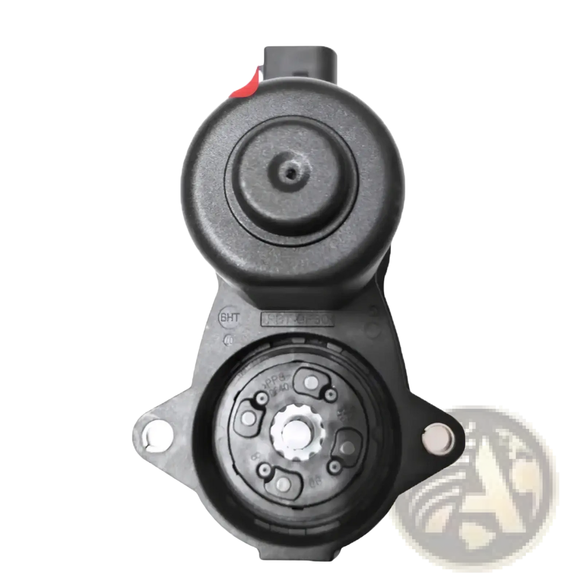Black plastic Changan Cs75 rear brake actuator motor with red tab and metallic gear assembly shown from back side