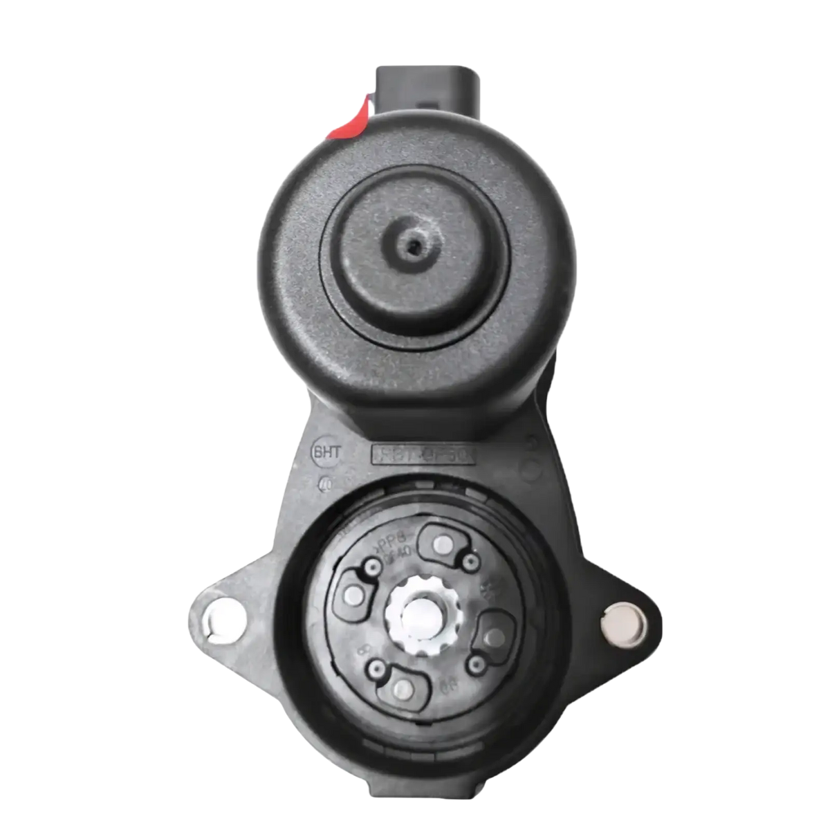 Black plastic Changan Cs75 rear brake actuator motor with red tab and metallic gear assembly shown from back side