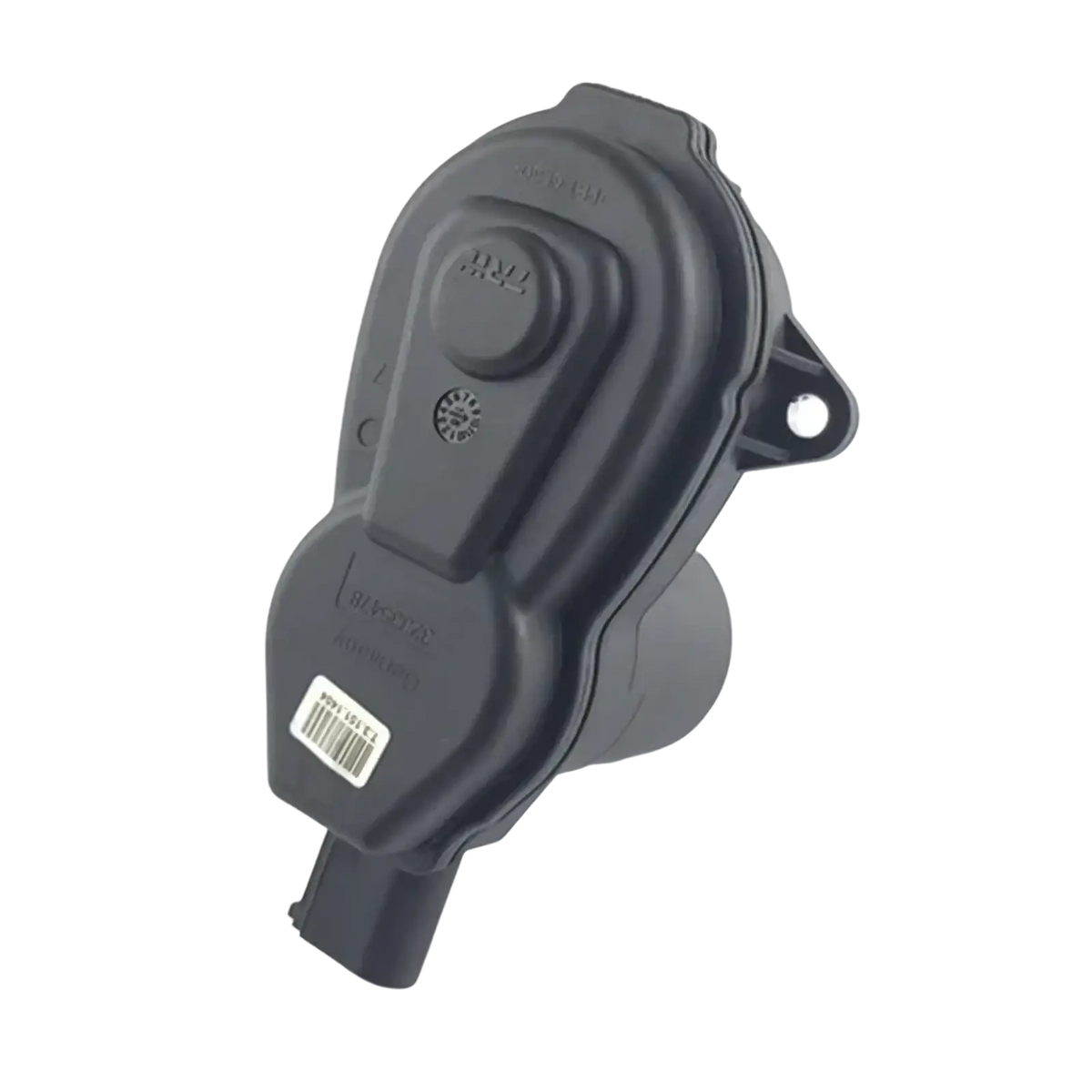 Black plastic changan cs75 rear brake actuator motor with molded contours and barcode label on the back side