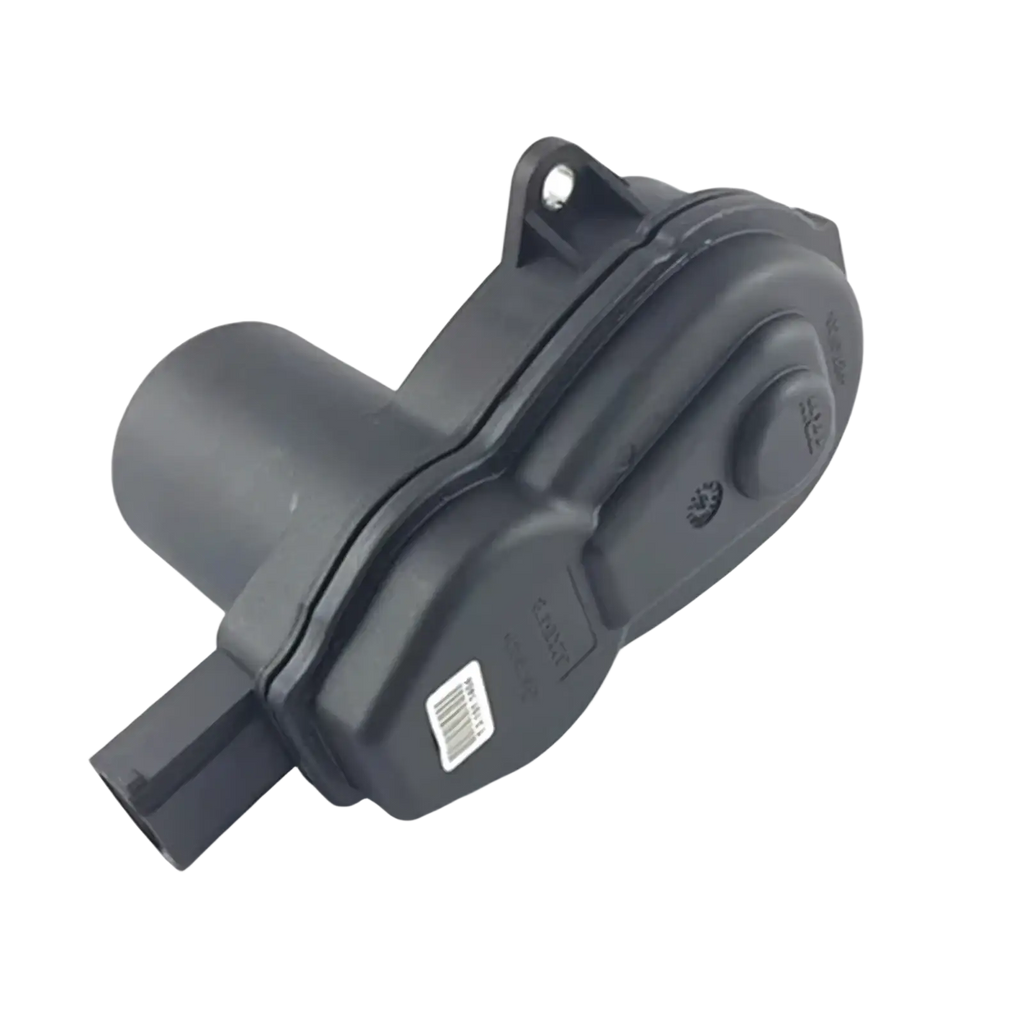 Black plastic changan cs75 rear brake actuator motor with cylindrical protrusion and circular knob on the back side