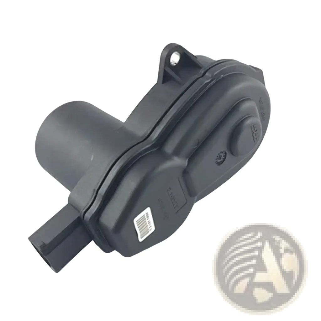 Black plastic changan cs75 rear brake actuator motor with cylindrical protrusion and circular knob on the back side