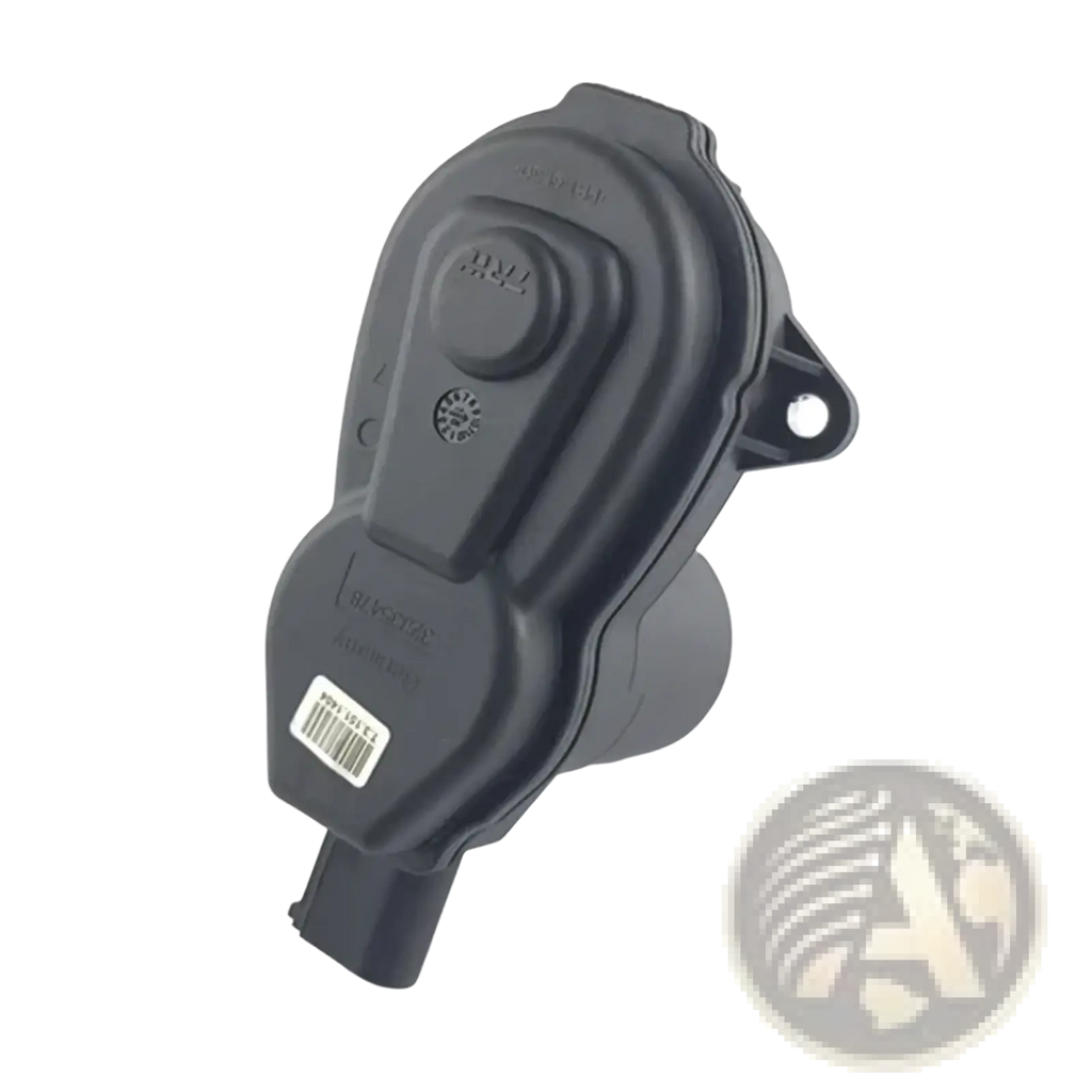 Black plastic changan cs75 rear brake actuator motor with molded contours and barcode label on the back side