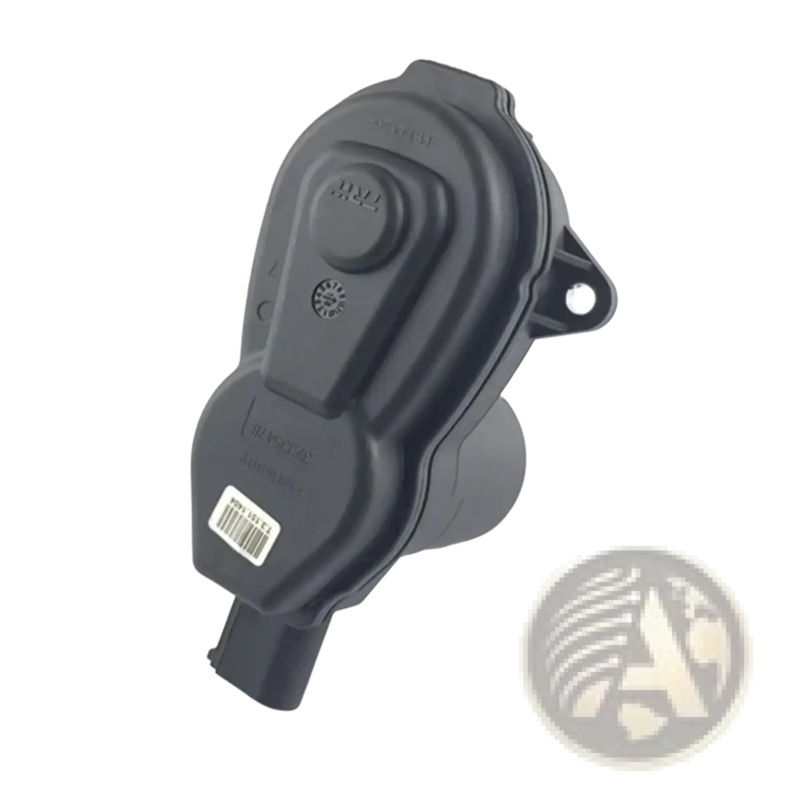 Black plastic changan cs75 rear brake actuator motor with molded contours and barcode label on the back side