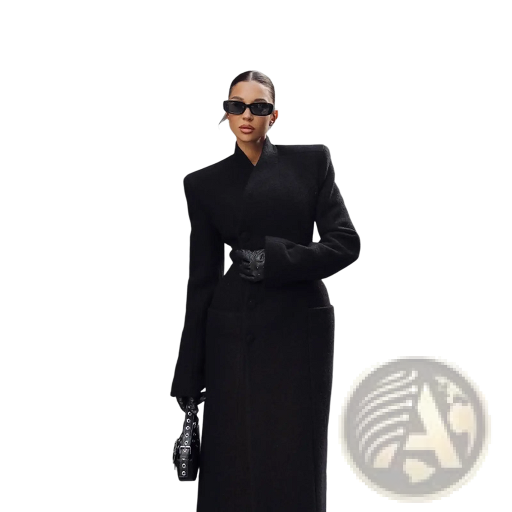 Black structured long wool coat with dramatic shoulder pads and high collar for women outerwear