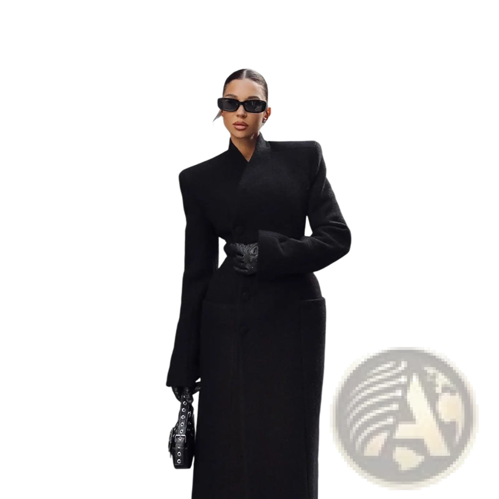 Black structured long wool coat with dramatic shoulder pads and high collar for women outerwear