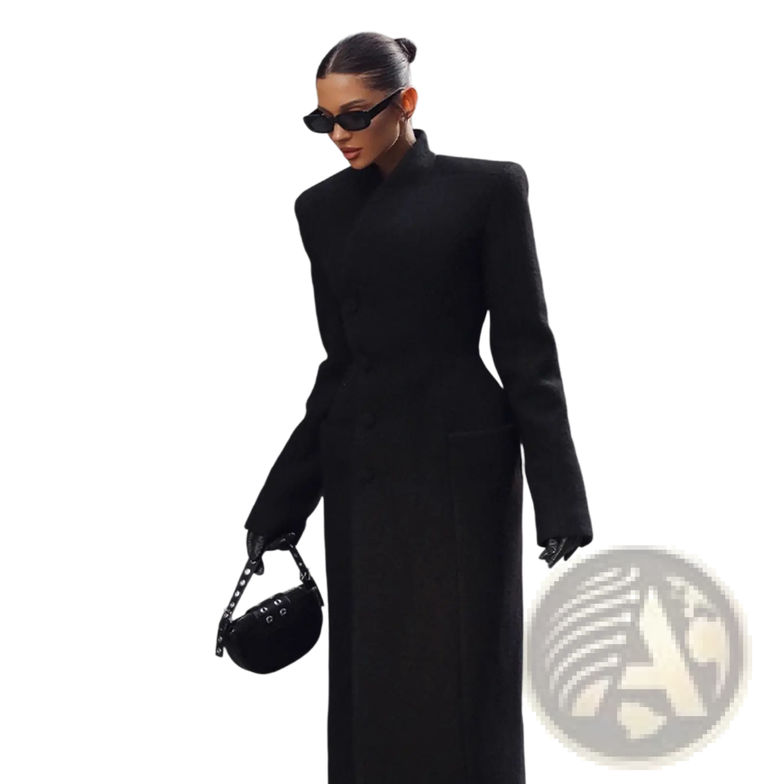 Black structured wool coat for women with high collar and long sleeves in charcoal gray for formal outerwear